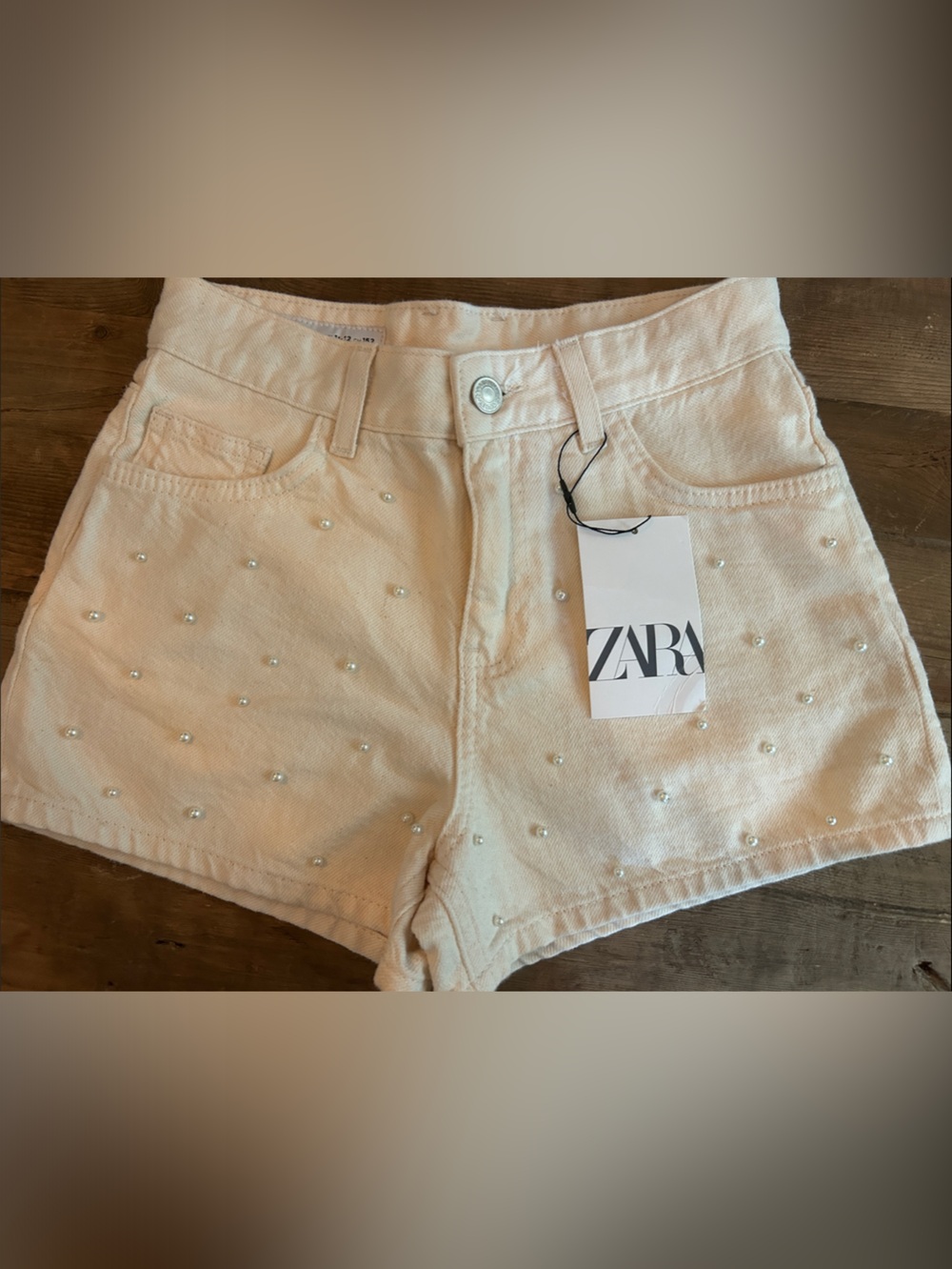 ZARA Cream Pearl-Embellished Denim Shorts